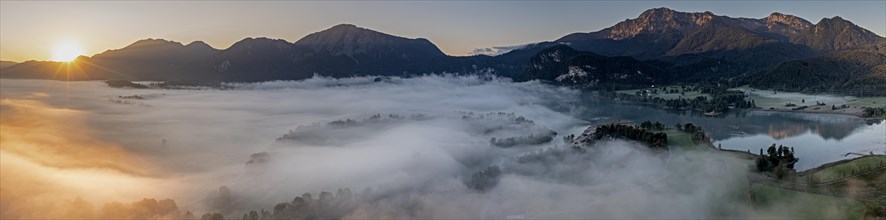 Aerial view, lake in fog in front of mountains, sunrise, backlight, panorama, summer, Lake Kochel