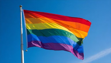 The rainbow flag flutters in the wind, isolated, against the blue sky. In many cultures around the