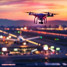 Night scene with a drone in the foreground and an aircraft landing in the background, drone,