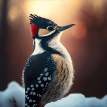 Woodpecker seen from the side in the snow at dawn. Generative AI image, AI generated