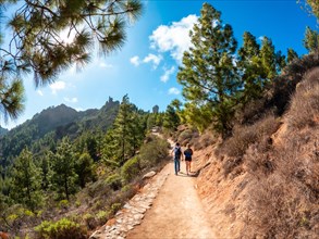 A couple of hikers on the trail up to Roque Nublo in Gran Canaria, Canary Islands