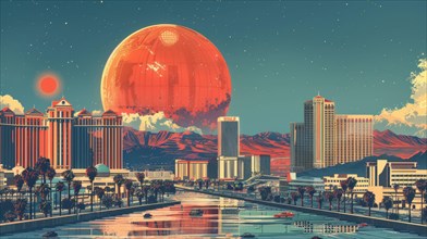 A cityscape with futuristic elements and a large planet in the pastel-colored sky, ai generated, AI