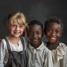 Three children smiling gently and showing their friendship in a warm and gentle portrait, group