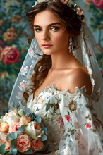 AI generated traditional bridal portrait with digital floral patterns