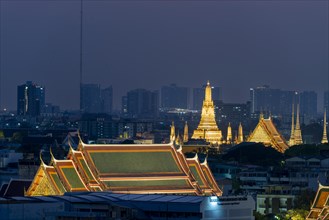 Panorama from Golden Mount to the illuminated Wat Ratchabophit, Wat Rachapradit, Wat Pho and Wat
