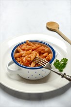 Malloreddus, Sardinian gnocchetti with tomato sauce in a bowl, traditional pasta variety from