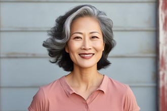 Middle aged Asian woman with gray streaks in black hair. KI generiert, generiert, AI generated