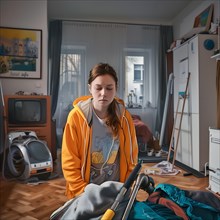 Young woman can be seen vacuuming a cosy interior, No desire to tidy up, AI generated