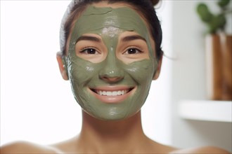 Young woman with green tea matcha beauty face mask. KI generiert, generiert, AI generated
