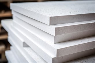 Close up of stack of white extruded polystyrene sheets insulative material for buildings. KI