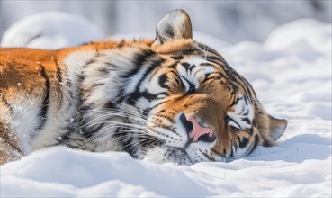 Close-up of a Siberian tiger resting in the snow AI generated