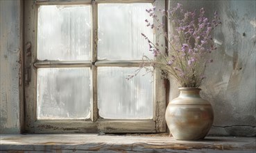 A vintage window sill with a ceramic vase containing lavender flower AI generated