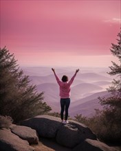 Young woman hiker open arms on top of a mountain at sunrise. ai generative, AI generated
