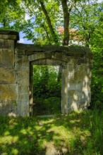 Door frame in a ruined wall, Schoenfeld Castle, Schoenfelder Hochland near Dresden, Saxony,