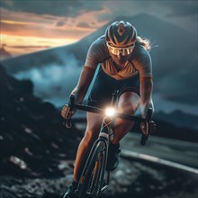 Cyclist on a racing bike riding down a mountain road at dawn, AI generated