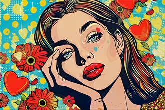 Pop art image of a pensive woman with floral elements and hearts, AI generated, AI generated