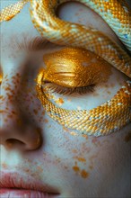 A woman's face with a gold-textured snake covering one eye, blurry teal turquoise solid background,
