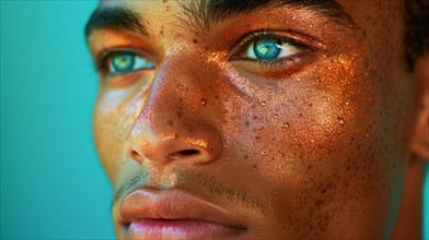 Man with golden freckles and piercing eyes, with snake scale texture on skin, blurry teal turquoise