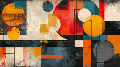 Modern abstract geometric painting with grunge textures, featuring circles and rectangles, ai