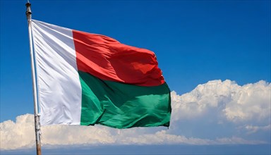 The flag of Madagascar, fluttering in the wind, isolated, against the blue sky