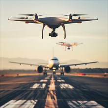 A drone flies in the foreground with an aircraft behind it on a runway in the evening light, drone,