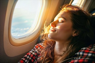 Person leans against the window in the aircraft, light falls on the face, peaceful atmosphere, AI