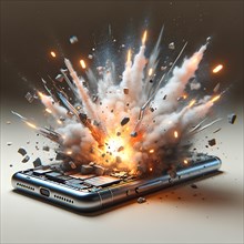 Smartphone explodes with a violent fire and smoke development, mobile phone smartphone battery