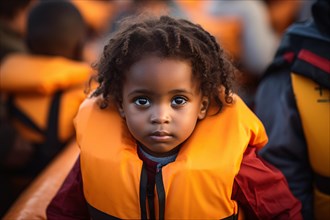 Young black refugee child with orange swimming fest crossing ocean in boat. KI generiert,