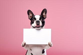 French Bulldog dog holding empty white sign in front of pink studio background. KI generiert,