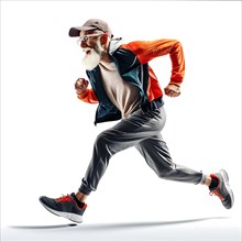 Active older man running dynamically in orange and black running clothes, full of joie de vivre,