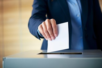 Person putting voting paper in ballot box. KI generiert, generiert, AI generated