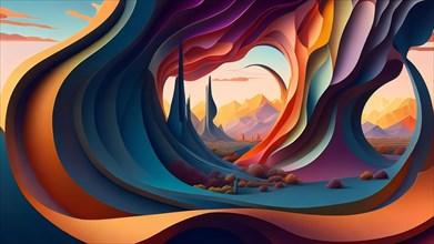 3d illustration of abstract landscape background with blue and orange layers, AI generated