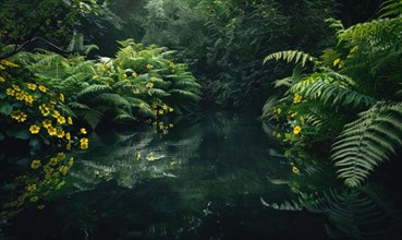 A tranquil pond surrounded by lush greenery AI generated