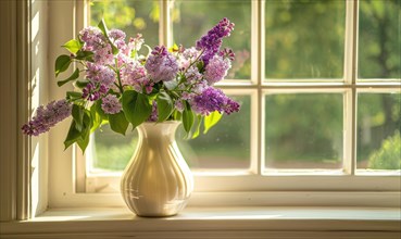 A vase of lilacs on a windowsill, fresh AI generated