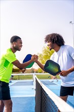 Vertical side view of two african sportive men shaking hands before playing pickleball