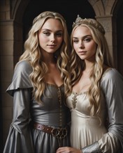 Beautiful women in medieval dresses posing in front of a castle. ai generative, AI generated