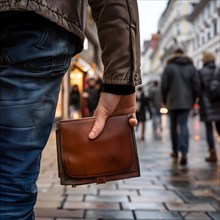 A man secretly pulls a wallet out of someone's pocket on the street in a city, AI generated
