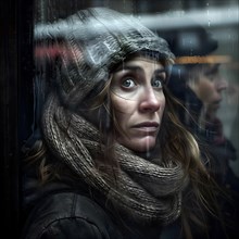 Young woman looks through a raindrop-sprinkled window, filled with a pensive mood, AI generated