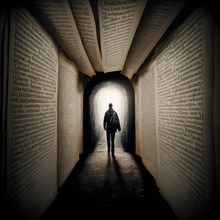 Silhouette of a person walking towards light through an inspiring tunnel shaped by oversized book