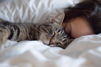 Cute tabby cat sleeping with human in bed. KI generiert, generiert, AI generated