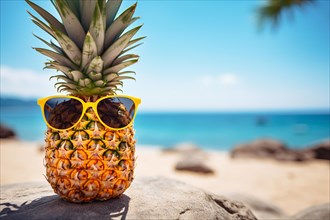 Funny pineapple fruit with sunglasses on tropical beach in summer. KI generiert, generiert, AI