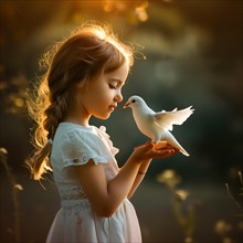 A girl gently holds a dove in the light of the sunset in nature, Destroyed houses, War, Dove of