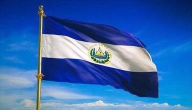 The flag of El Salvador flutters in the wind, isolated against a blue sky