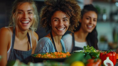 A happy group of friends engaging in cooking with a variety of vegetables in a kitchen, diversity