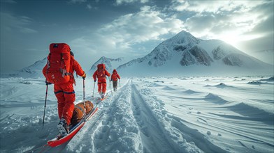 Explorers in bright orange gear journeying across a snowy arctic landscape, AI generated