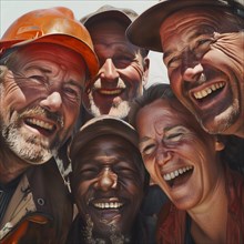 Colourful group of construction site workers radiating joy and team spirit, group picture with