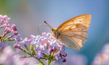 Close-up of a butterfly resting on lilac blossoms AI generated