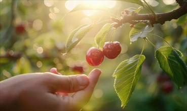 Close-up of a ripe cherry being plucked from a tree AI generated