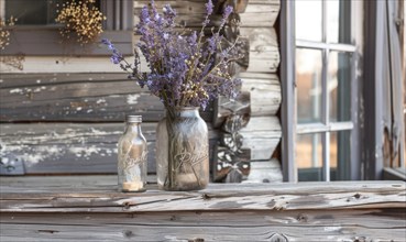 A weathered porch railing decorated with jars of lavender AI generated