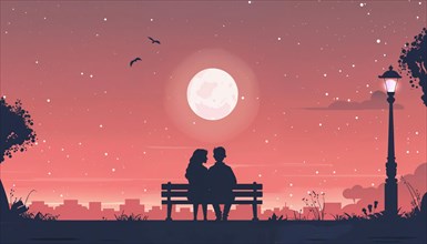A couple sits on a bench under a large full moon on a romantic night, AI generated, AI generated